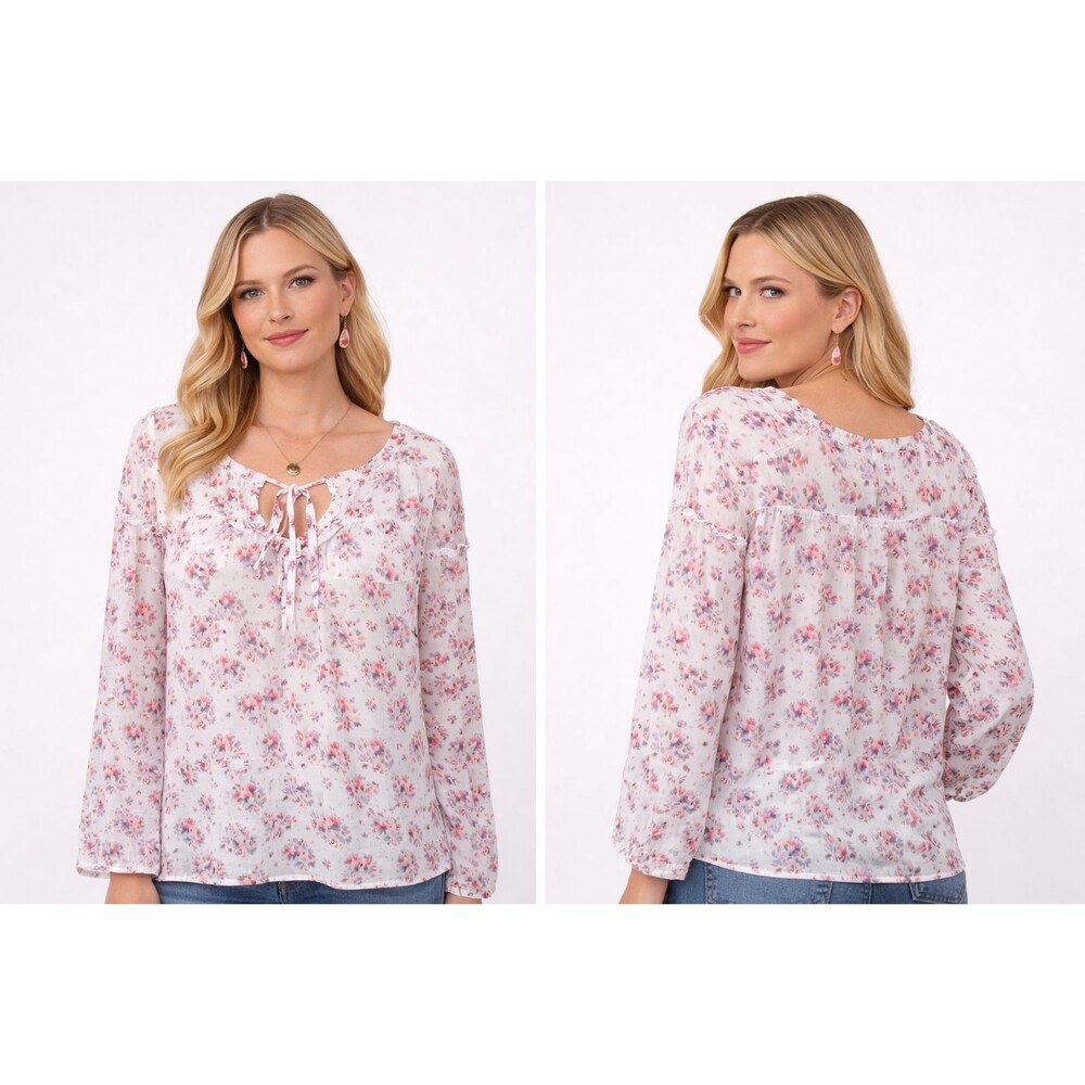 Gossip Girl Romeo & Juliet Blouse Large Pink Purple Floral Tie Neck Y2K